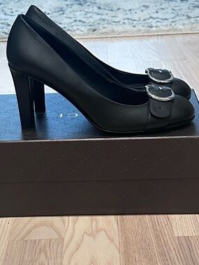Gucci Black Leather Heels Sachalin with Silver Interlocking GG Accent